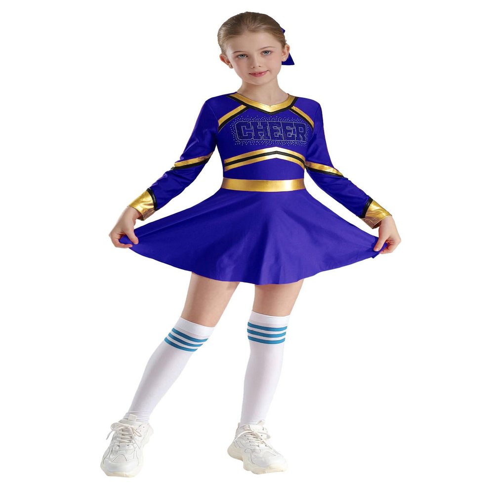 Aislor Kids Girls Halloween Cosplay Party Cheer Leader Costume Long Sleeve Cheerleading Uniform Dance Dress Dancewear Blue 10 Years