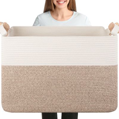 OIASKET XXXL Supre Large Blanket Basket for Clothes, Towels, Pillows, 108L Cotton Rope Storage Basket for Living Room, Woven Toy Storage for Kids, 25" x 16" x 16", Brown and White