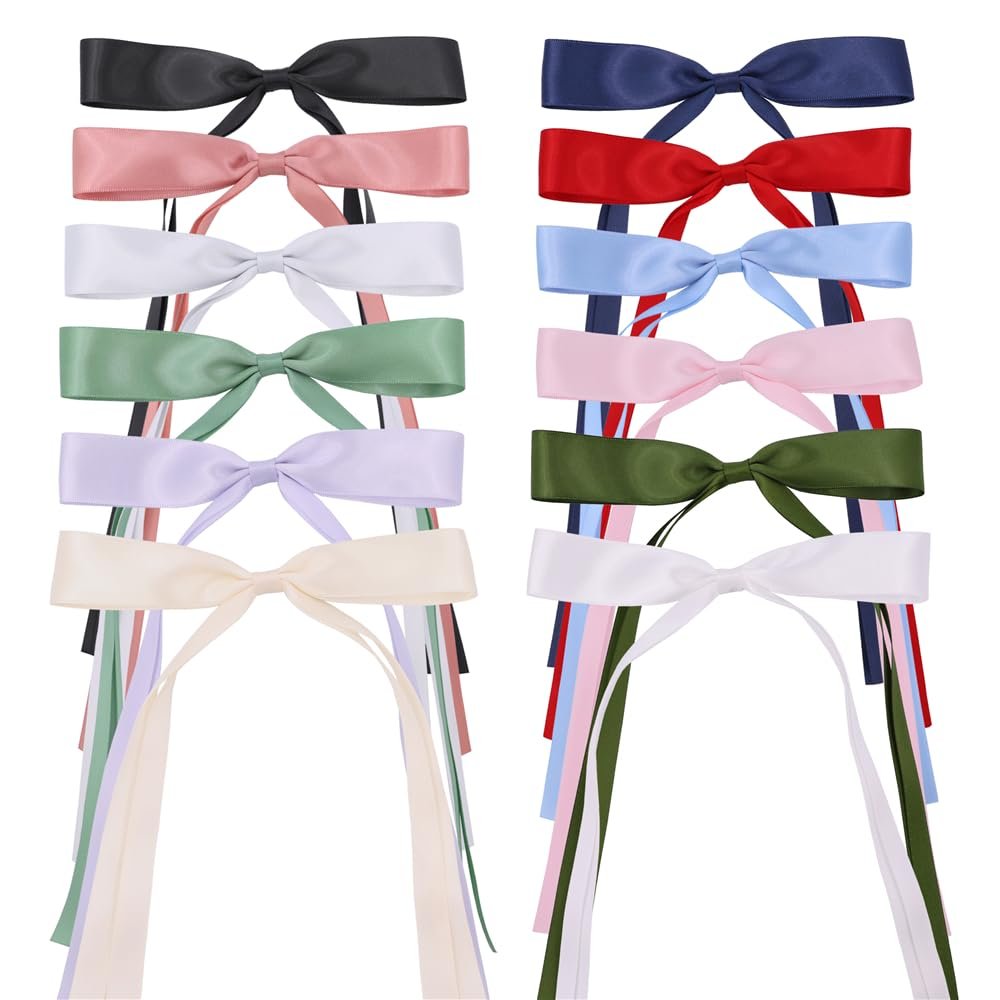 12 PCS Long Tail Ribbons Hair Clips for Women Young Girls Elegance Satin Ribbon Bow Hair Barrettes Accessories