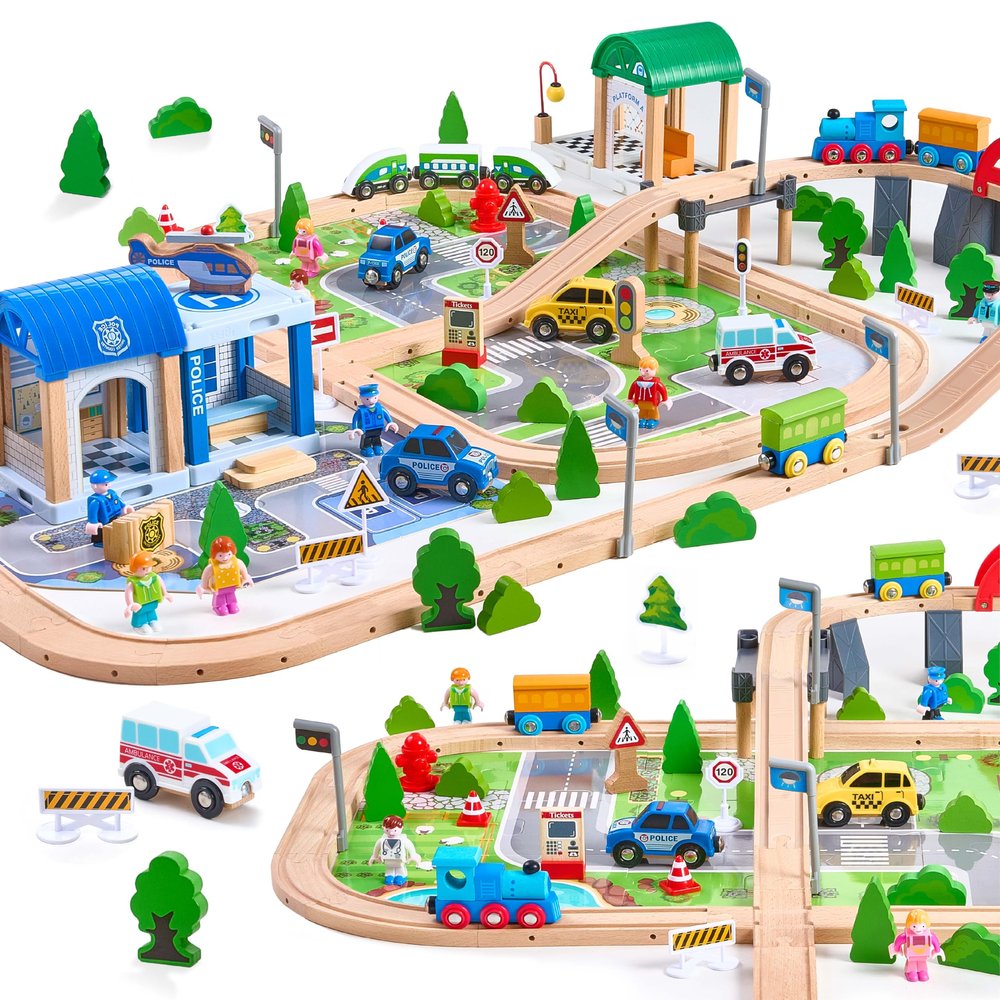 172Pcs Wooden Train Set for Toddlers, Wooden Train Track - Expandable and Changeable, Safe Educational Train Toys Gift for Boys & Girls Kids Ages 3-5 4-8, Compatible with All Major Brands