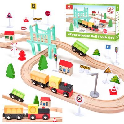 47Pcs Wooden Train Set for Toddlers, Wooden Train Track - Expandable and Changeable, Safe Educational Train Toys Gift for Boys & Girls Kids Ages 3-5 4-8, Compatible with All Major Brands