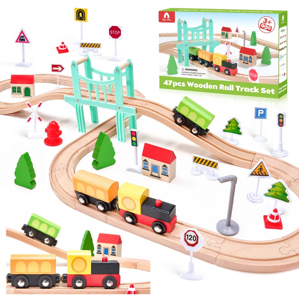 47Pcs Wooden Train Set for Toddlers, Wooden Train Track - Expandable and Changeable, Safe Educational Train Toys Gift for Boys & Girls Kids Ages 3-5 4-8, Compatible with All Major Brands