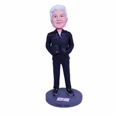 Decorative Bobblehead Black Suit 6 inches Toy for Private Collectibles Sculpture Handmade Clay Figurine