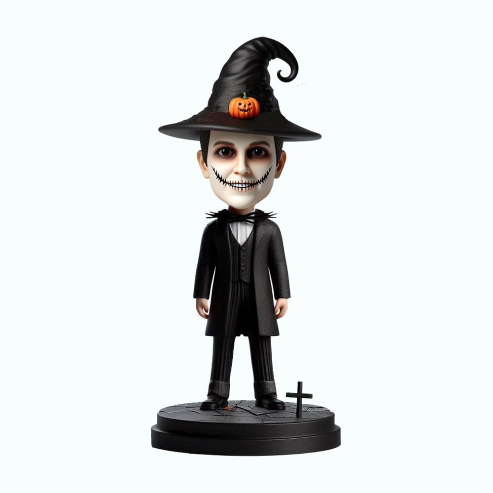 Halloween Bobble Head Skeleton in Suit with Witch Hat and Pumpkin 6inches Toy for Private Collectibles Sculpture Handmade Clay Figurine