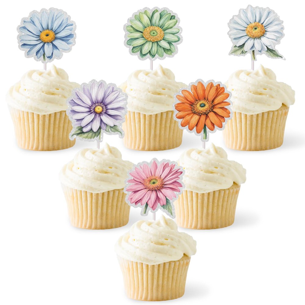 18pcs Daisy Cupcake Toppers Glitter Daisy Cake Decorations Daisy Flower Theme BaBy Shower Kids Birthday Party Supplies