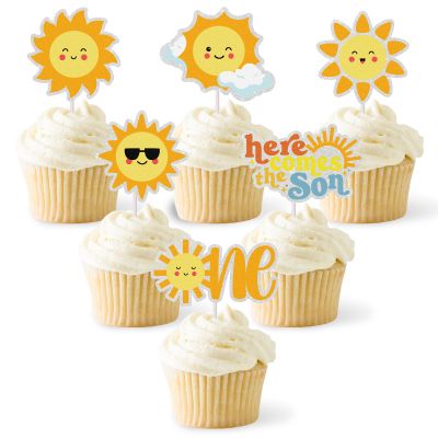 18 Pcs Here Comes the Son Cupcake Toppers Glitter Sun Cupcake Topper Smiley Sunshine Sun Cake Decoration for Baby Shower Birthday Wedding Party Decorations