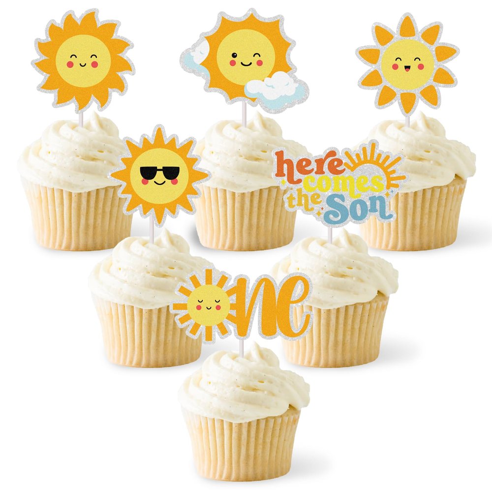18 Pcs Here Comes the Son Cupcake Toppers Glitter Sun Cupcake Topper Smiley Sunshine Sun Cake Decoration for Baby Shower Birthday Wedding Party Decorations