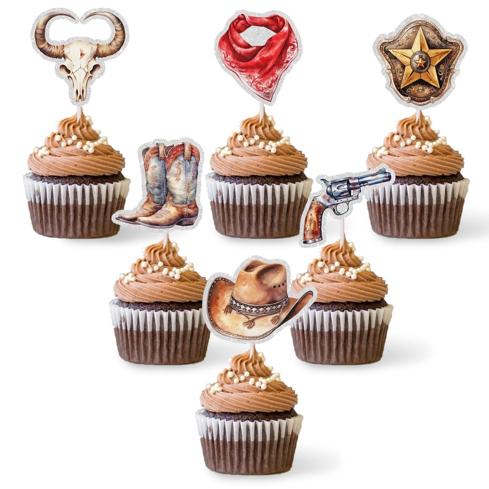 18Pcs Cowboy Cupcake Toppers Glitter Western Cowboy Theme Baby Shower Birthday Party Cake Decorations Supplies