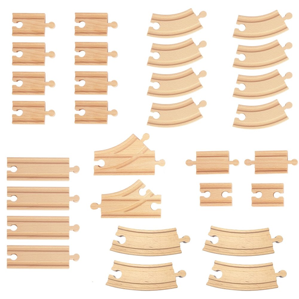MUYUTOY Wooden Train Track 30Pcs, Wood Train Tracks Expansion Accessories Expansion Pack fits Melissa and Doug, Brio, Thomas, Montessori Toys, Birthday Gift for Boys Girls Toddler Kids