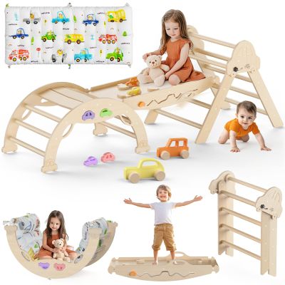 Pikler Triangle Set with Cushion 9 in 1 Foldable Montessori Climbing Toys for Toddlers 1-3 Indoor Wooden Kids Playground Baby Climbing with Maze Toys, Shape Sorter Toys, Car