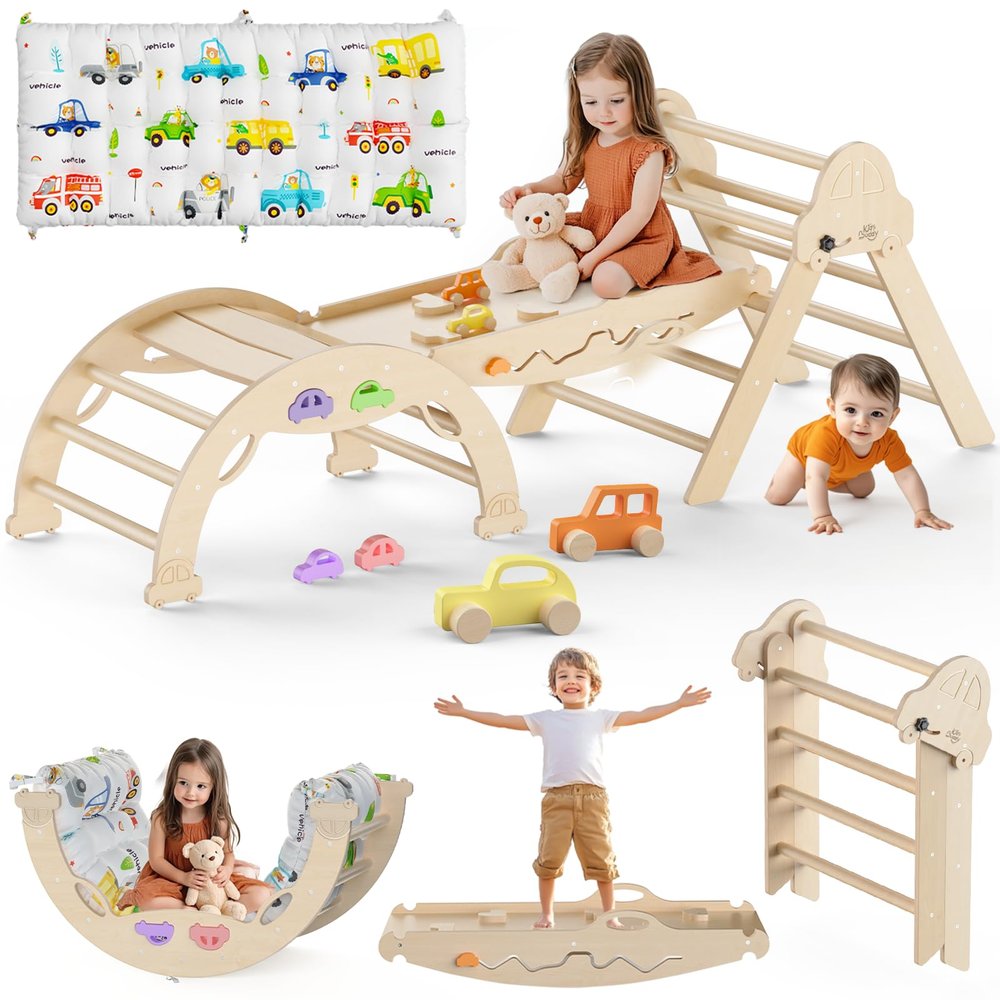 Pikler Triangle Set with Cushion 9 in 1 Foldable Montessori Climbing Toys for Toddlers 1-3 Indoor Wooden Kids Playground Baby Climbing with Maze Toys, Shape Sorter Toys, Car