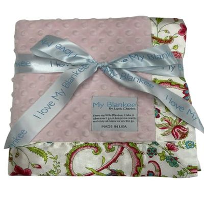 My Blankee Minky Dot Pink with Antique Floral Satin Print Baby Blanket