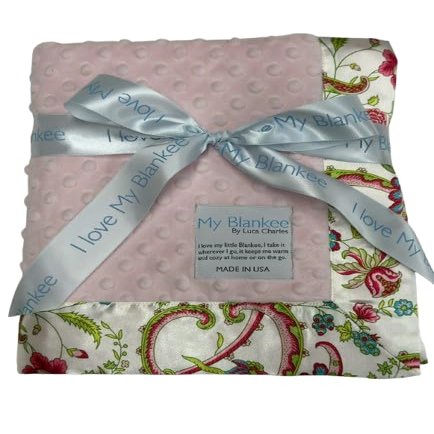 My Blankee Minky Dot Pink with Antique Floral Satin Print Baby Blanket
