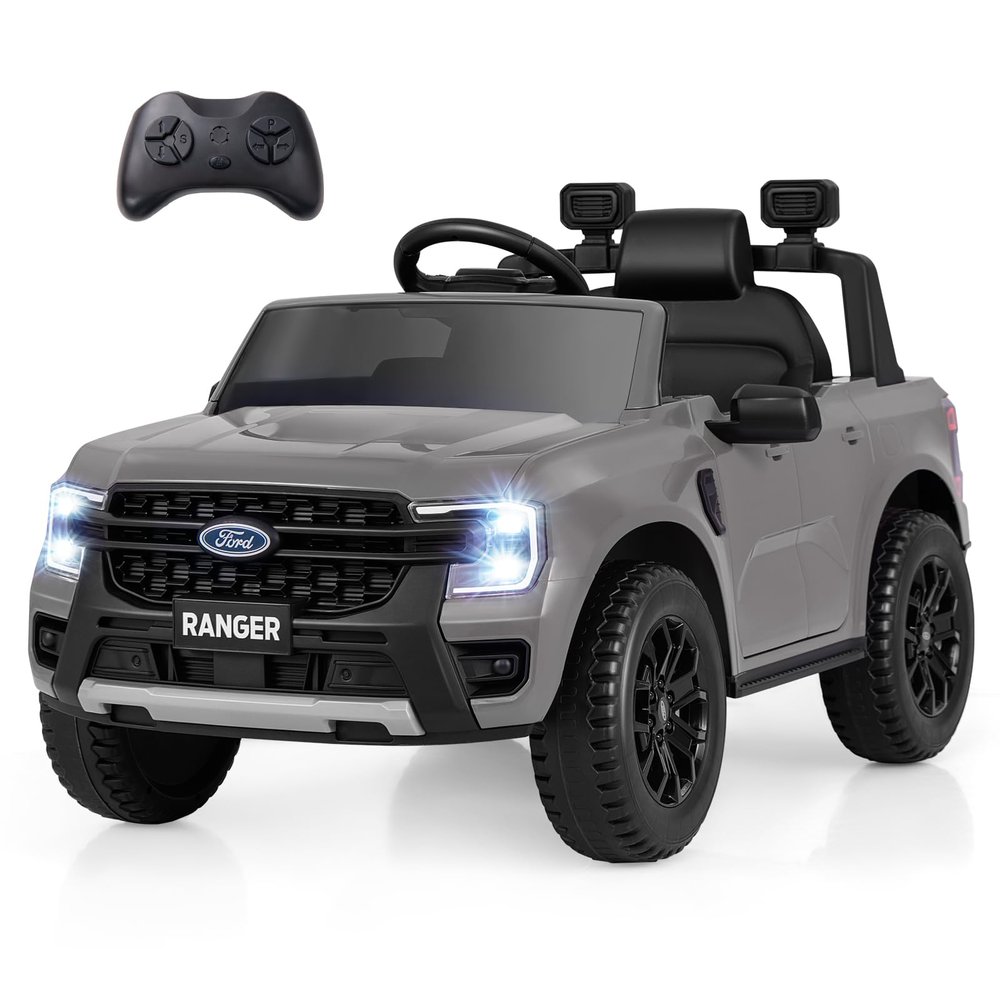 Licensed Ford Ranger Ride on Pickup Truck by INFANS, 12V Battery Powered Electric Vehicle for Kids with Remote Control, Headlight, Power Display, Bluetooth, MP3, Music, Aged 3-6 Years (Gray)