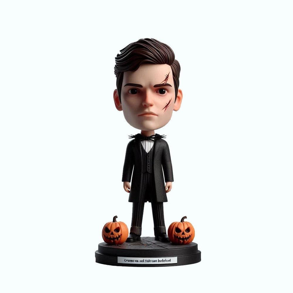 Bobblehead Figure with Pumpkins Creepy Character in Black Suit Toy for Private Collectibles Sculpture Handmade Clay Figurine