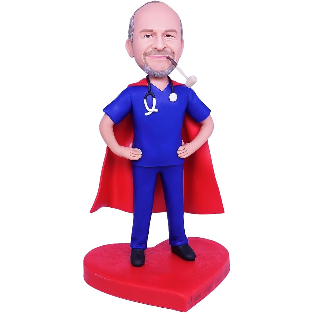 Custom Bobblehead Figure Blue Outfit with Cape for Private Collectibles Sculpture 6 inches Handmade Clay Figurine