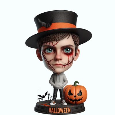 Halloween BobbleHead Pumpkin Holding Character with Top Hat for Private Collectibles Sculpture 6 inches Handmade Clay Figurine (bob004)
