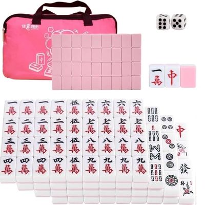 LinaLife Pink 30mm 1.18" Mahjong Table Game 144pcs Outdoor Travel Portable Mini Mahjong Dormitory Small Hand Rubbing Household Medium Play Game with Portable Travel Handbag + Table Cover