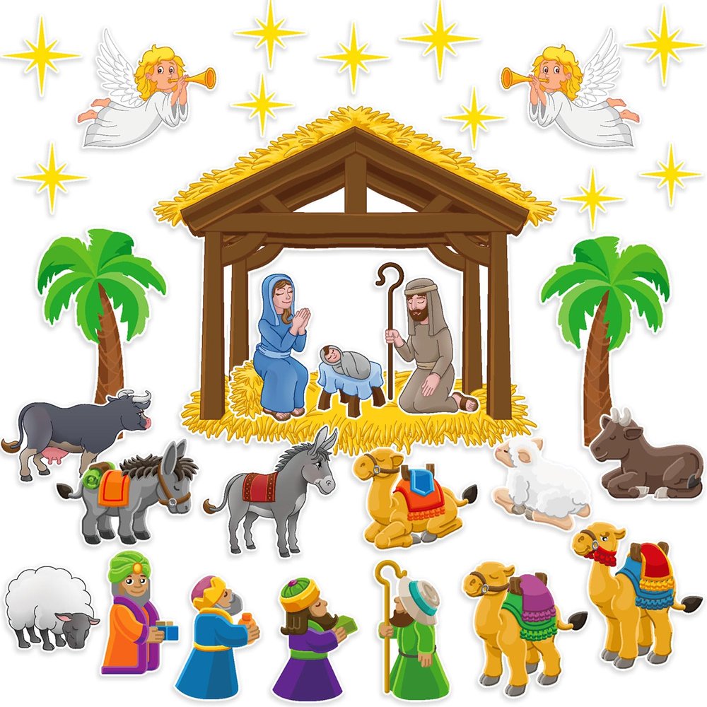 Remerry 33 Pcs Birth of Jesus Felt Figures Nativity Felt Stories Birth of Baby Jesus Precut Felt Figures Felt Bible Characters Flannel Board Stories for Kids Classroom Christmas Supplies (Cartoon)