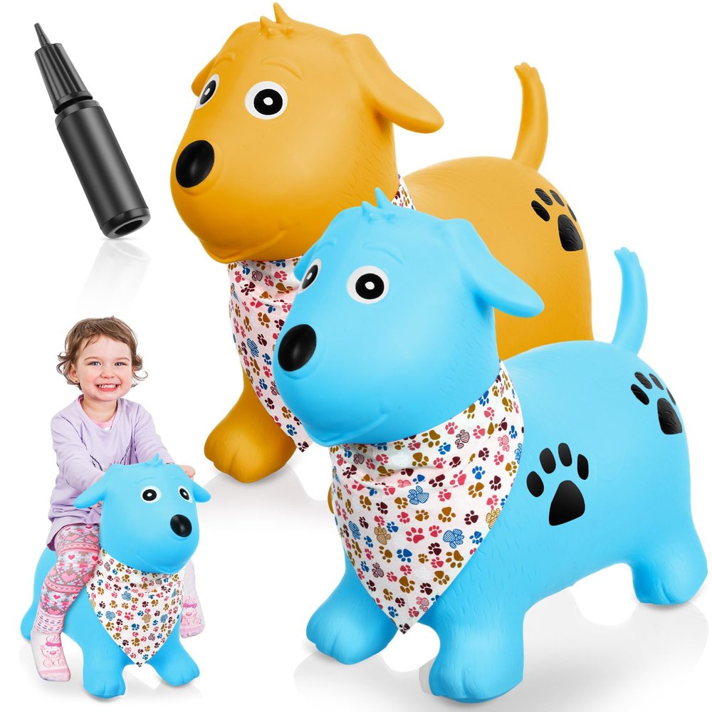 VercanMonth 2 Pack Bouncy Animal Dog Hopper Inflatable Bouncing Horse Hopper Toys Jumping Ride on Hopping Bounce with Pump Rubber Bouncing Animal Gift for Boys Girls(Light Blue, Yellow,Lovely Style)