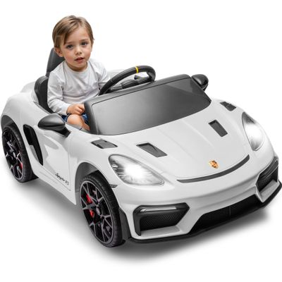 Licensed Porsche 718 12v Kids Electric Ride On Car with Parent Remote Control,Adjustable 2-5 Mph,LED Front&Tail Lights,Bluetooth Music Player,Soft Slow Start,Spring Suspension (White)