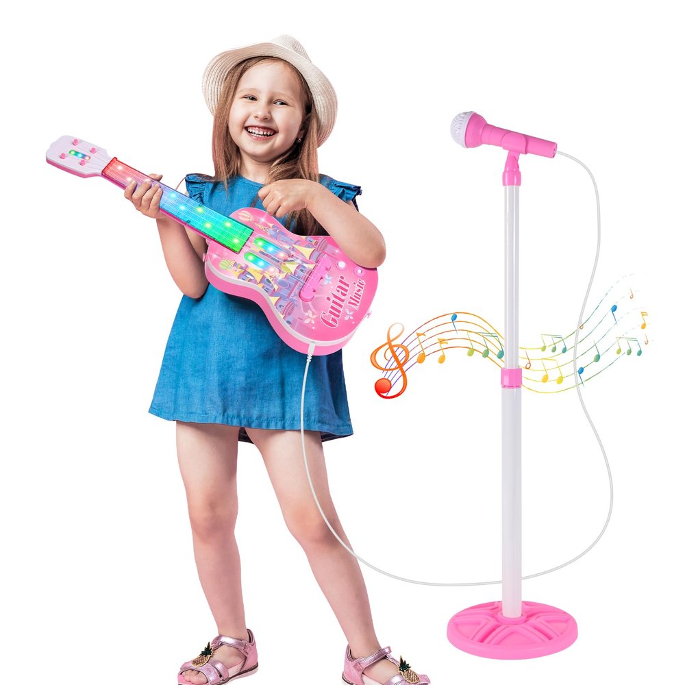 Kids Guitar and Microphone Playset, Musical Guitar Play Set with Adjustable Stand,Toy Guitar Starter Kit with 4 Strings, Electric Guitars Karaoke Toys with Music Lights for Boys Girls