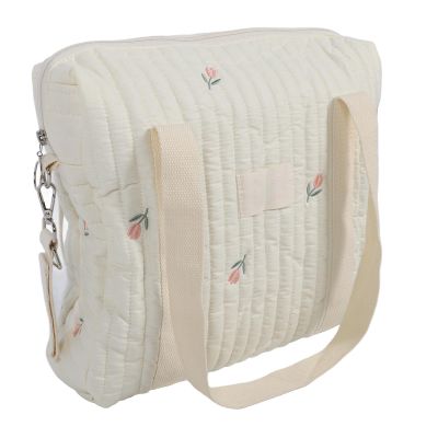 Baby Stroller Organizer Bag Large Capacity Cotton Stroller Storage Bag Hanging Travel Shopping Multifunctional (Beige Flower)