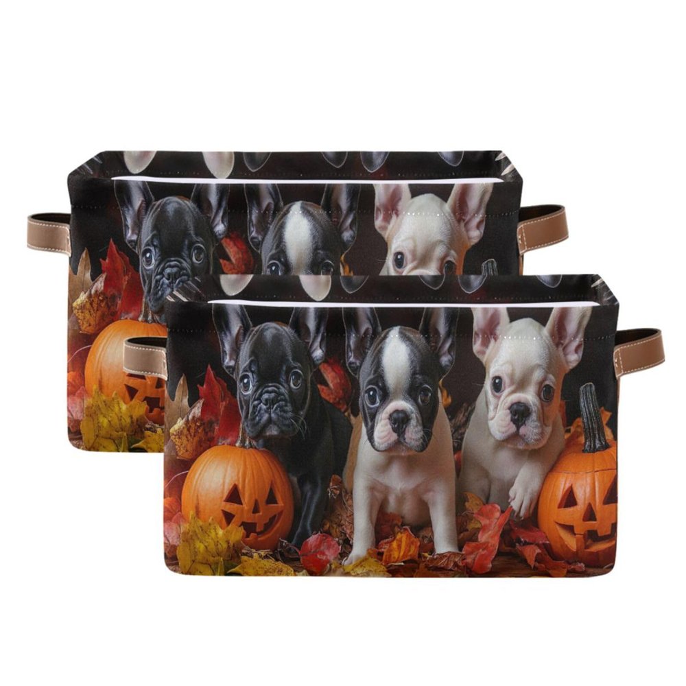 STAYTOP Pumpkin and Bulldog Large Storage Basket 2PCS,Collapsible Toy Storage Bin Laundry Basket with Handle,Used for Home Closets, Offices, Bedrooms