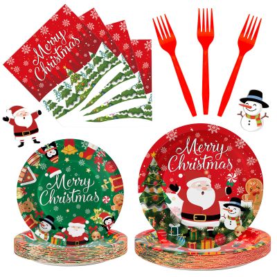 100 Pcs Merry Christmas Plates and Napkins Sets - Cute Winter Christmas Round Tableware, Disposable Chrismas Paper Plates and Napkins Forks for Xmas Party Supplies Favors Table Decor, Serves 25