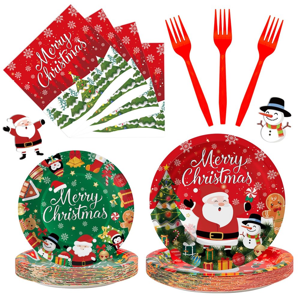 100 Pcs Merry Christmas Plates and Napkins Sets - Cute Winter Christmas Round Tableware, Disposable Chrismas Paper Plates and Napkins Forks for Xmas Party Supplies Favors Table Decor, Serves 25