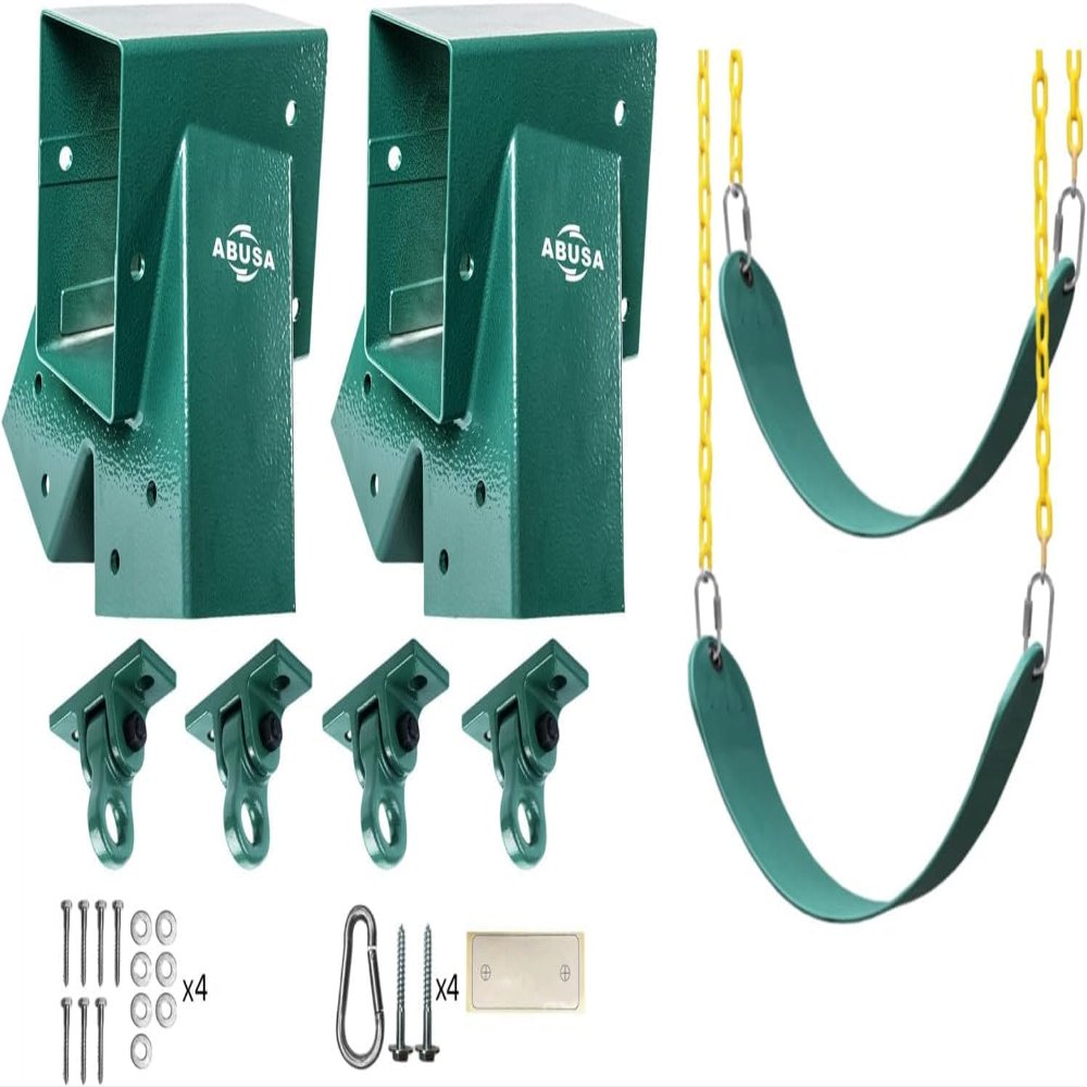 ABUSA Heavy Duty Swing Sets Brackets Including 2 Green A-Frame Swing Set Brackets 2 Green Swing Seats and 4 Greenn Swing Hangers for Playground Equipment Mounting Parts Hardware Included (G007)