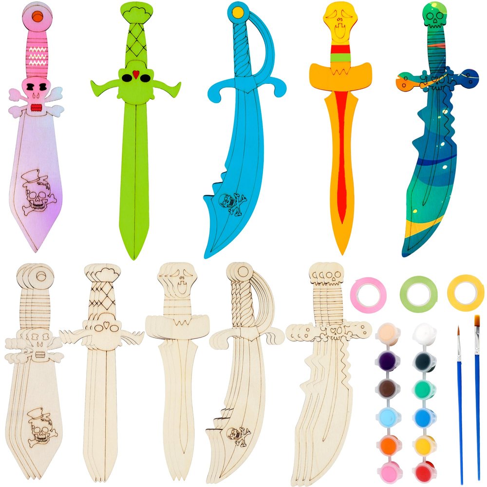 31 Pcs Make You Own Pirates Wooden Swords Set Including 20 Pcs DIY Wood Swords Bulk 3 Pcs Ribbon with 8 Pcs Painting Props for Kids Adults Halloween Art Activity Cosplay Supplies Birthday Gifts