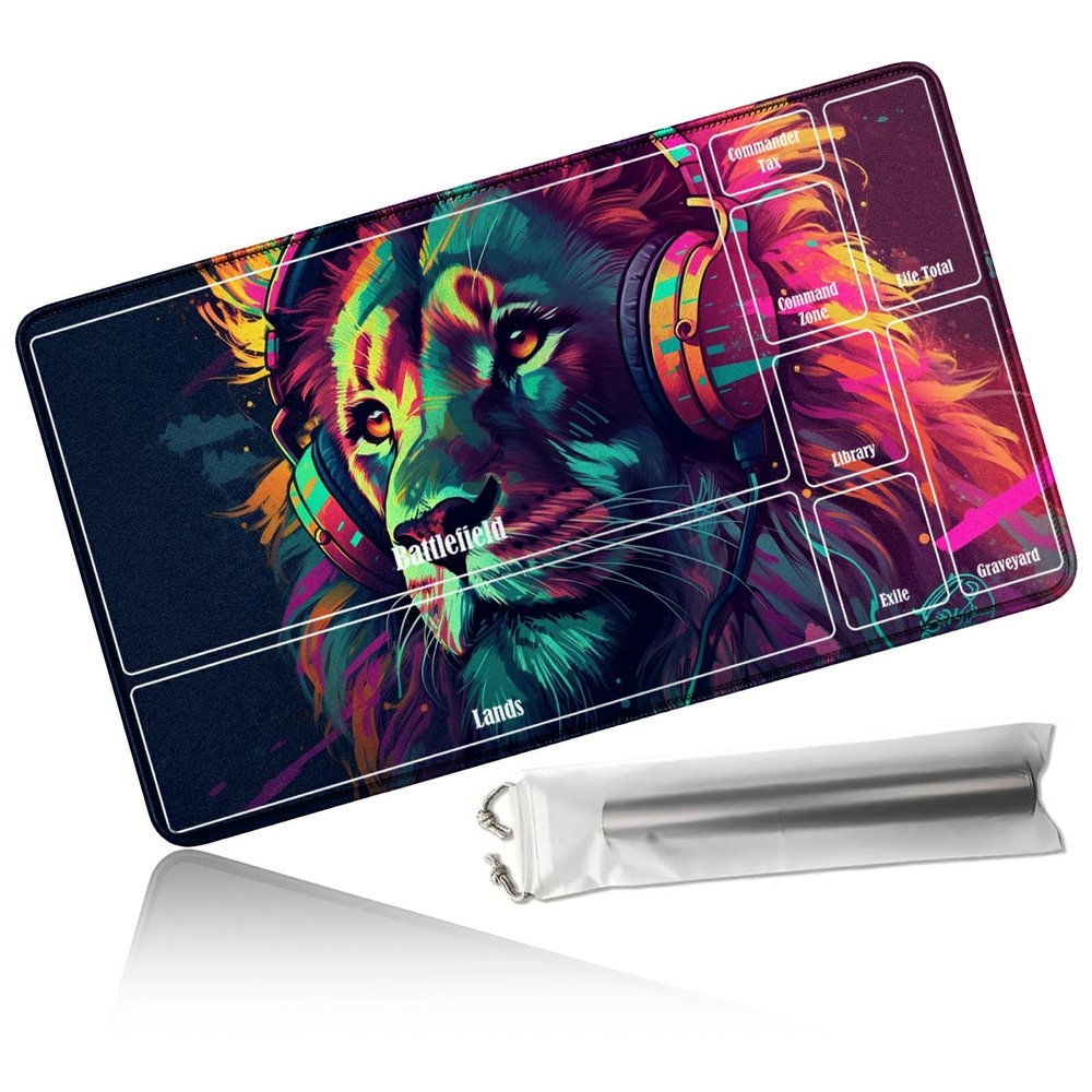 Dikoer for MTG Playmat 24 x 14 Inches & Storage Bag, Card Playmat with Zones and Stitched Commander Deck Gaming Desk Mat Card Gameplay Pad for MTG TCG Trading Card Battle Game, Headphone Lion