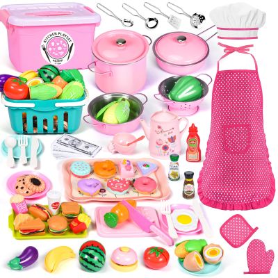 121Pcs Play Kitchen Accessories, Kids Kitchen Playset, Pretend Play Food Tea Party Set, Toy Kitchen Kids Cooking Real with ApronChef Hat, Utensils Cookware PotsPans, Toy Organizer, Toddler Toys Gift
