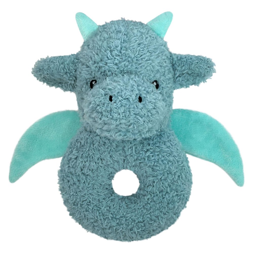 Doindute Baby Dragon Soft Rattle Toy, Plush Dinosaur Infant Shaker Rattle Easy-Grasp Stuffed Animal Toy, Gifts for Newborns Babies Toddlers Boys Girls, Cyan, 6 Inches