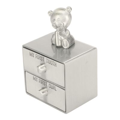 ANGGREK Tooth Curl Holder Box, Zinc Alloy Engraved Bear Decor First Tooth Curl Keepsake Box Sturdy Drawer Type for Childhood Memory