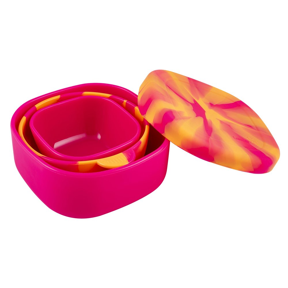 LunchBots Silicone Bowl for Kids, Stackable Nesting Bowl Set of 3 with Lid, Portable Travel Bowls, Dishwasher Safe, 9/18/33 oz (Pink Swirl)