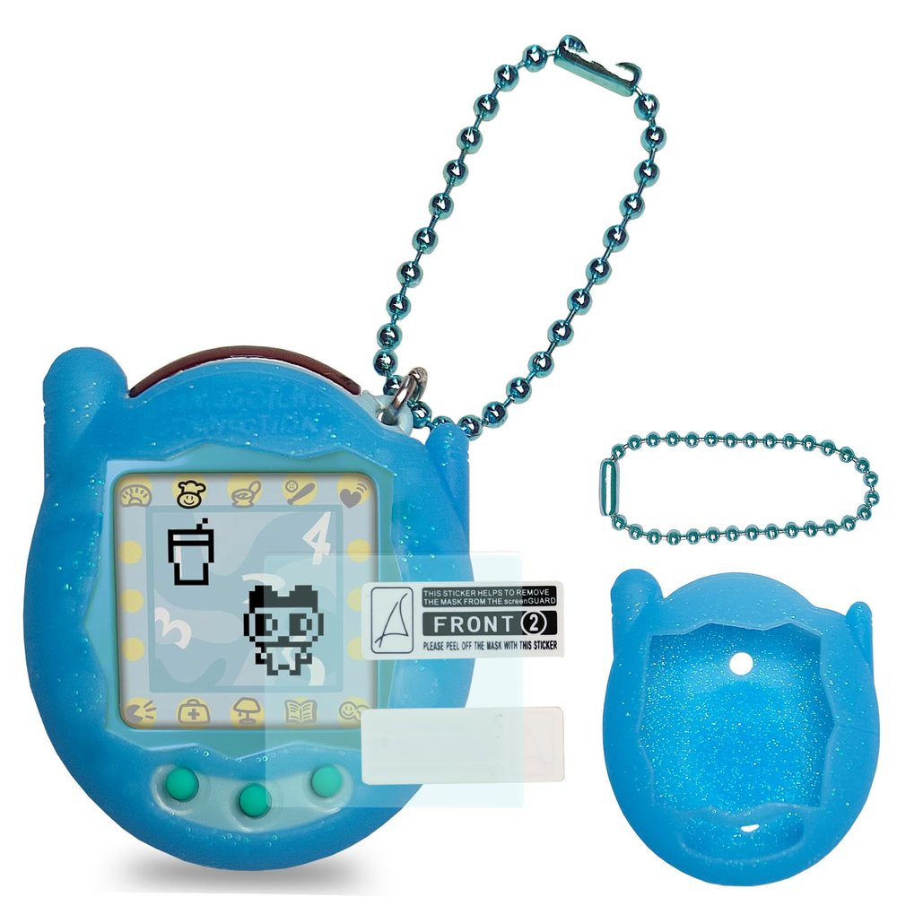 JCHPINE Silicone Cover Case for Tamagotchi Connection Virtual Reality Pet, Screen Protector for Tamagotchi Connection Electronic Pet Accessories (Silicone Case and Screen Film) (Blue)