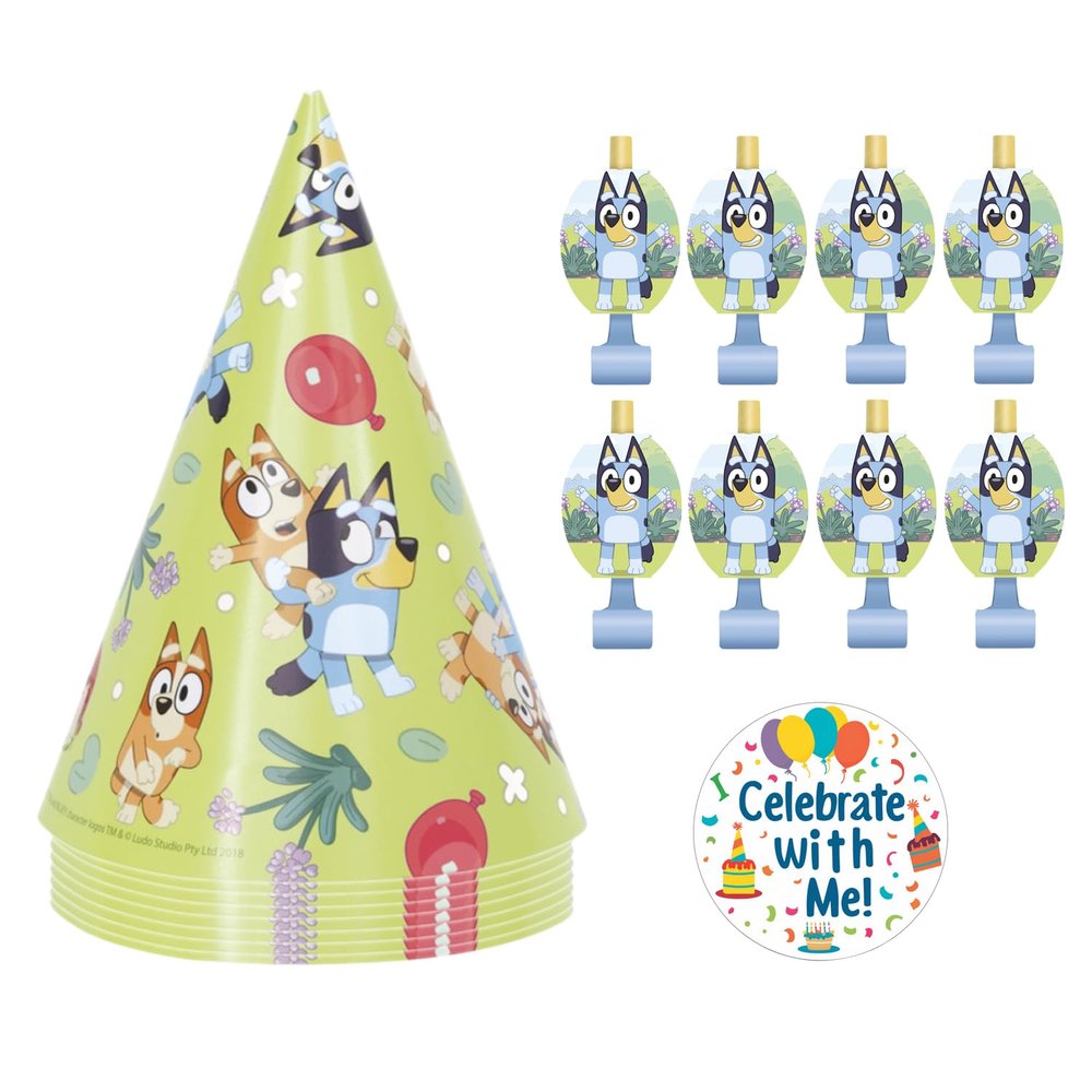 Unique Bluey Party Hats and Blowouts 8 Hats & 8 Party Blowouts with Celebrate With Me Sticker | Bluey Birthday Party Supplies for Kids
