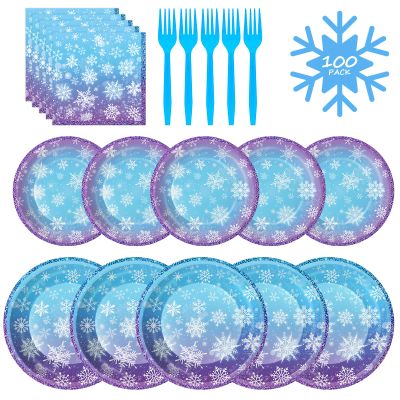 100 Pcs Frozen Plates and Napkins Sets - Snowflake Round Tableware, Disposable Winter Paper Dessert Plates and Napkins Forks for Christmas Winter Wonderland Party Supplies Table Decor, Serves 25