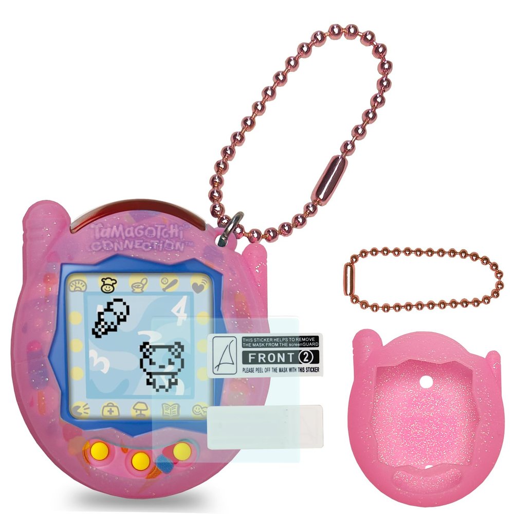 JCHPINE Silicone Cover Case for Tamagotchi Connection Virtual Reality Pet, Screen Protector for Tamagotchi Connection Electronic Pet Accessories (Silicone Case and Screen Film) (Pink)