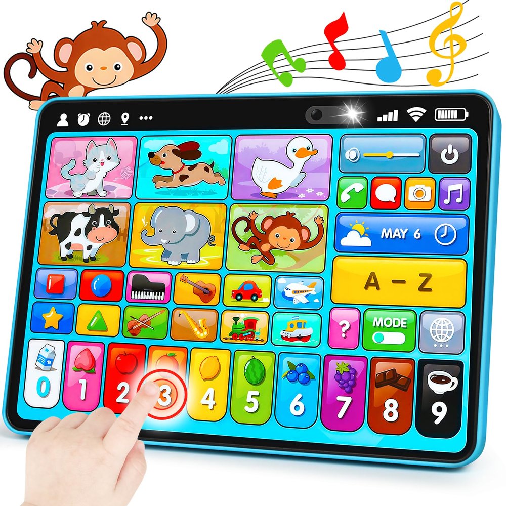 Peacurh Trilingual Learning Toy Tablet with Music & Sound, Montessori Speech Musical Therapy Toys, Gifts for Boy, Girl, Baby, Toddler, for Age 1, 2, 3 Year Old (12-18 Months)