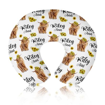 Baby Nursing Pillow Cover - Personalized Name Breastfeeding Pillow Cover with Highland Cattles Pattern, Stretchy Removable U-Shaped for New Moms, Soft Breathable Slipcover for Infant Boys Girls
