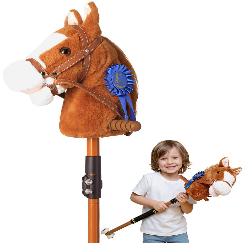 Silent Wheels Stick Horse, Hobby Horse on a Stick for Kids Ages 4-12 Adjustable 30-52" with Illuminated Silent Wheels Comfortable Sponge Wrapped complimentary AA Batteries Realistic Horse neighs.