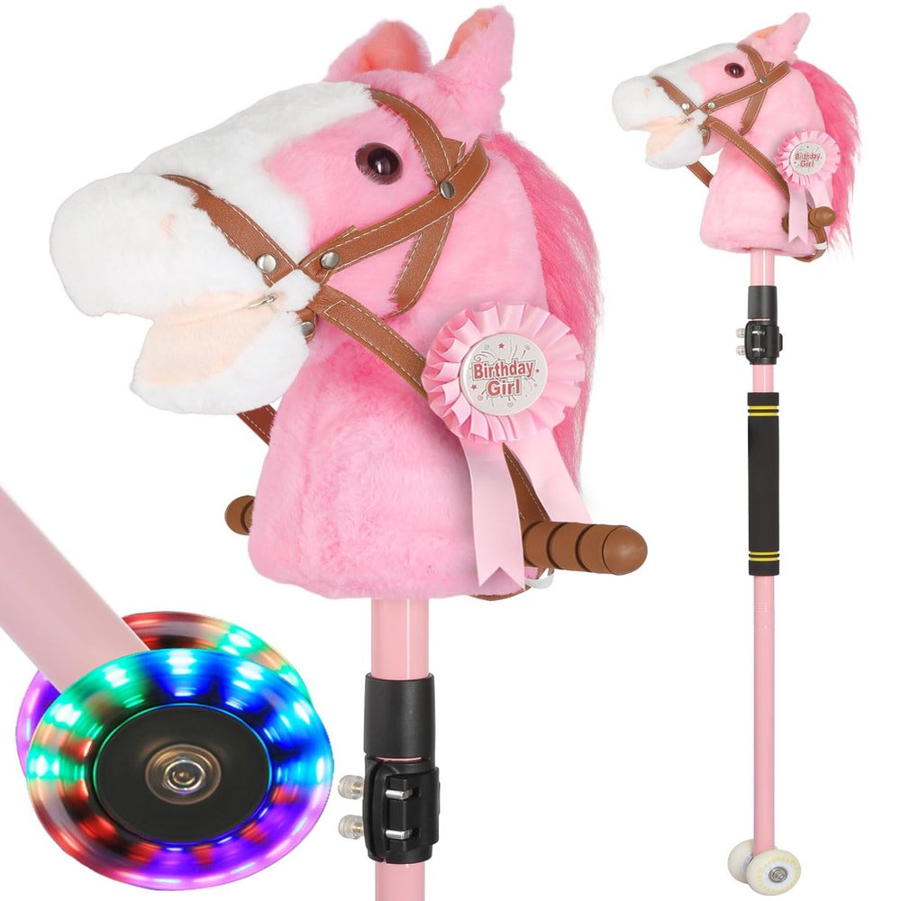 UEGHNS Handcrafted Plush Hobby Horse Sticks,Horse Riding Stick for Girls 30-50" Adjustable Height with Flashing Wheels & Realistic Neigh Sounds Birthday Gift Riding Pretend Play Toy Ages 4+