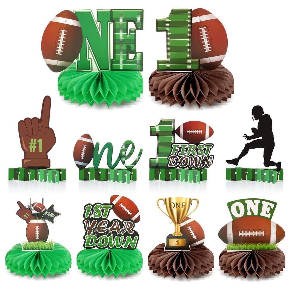 10pcs Football Table Centerpieces for First Birthday Party Decorations Football Theme Tabletop Honeycomb Centerpieces for Boy One Birthday Table Decors First Year Down Sports Gameday Party Supplies