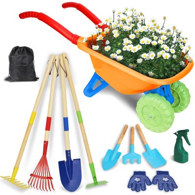 Demolike Kids Gardening Tools Set, Gardening Set for Kids, Outdoor Backyard Farm Digging Toys with Wheelbarrow Shovel, Rake, Trowel, Fork, Birthday Gifts for Boys Girls Age 3+