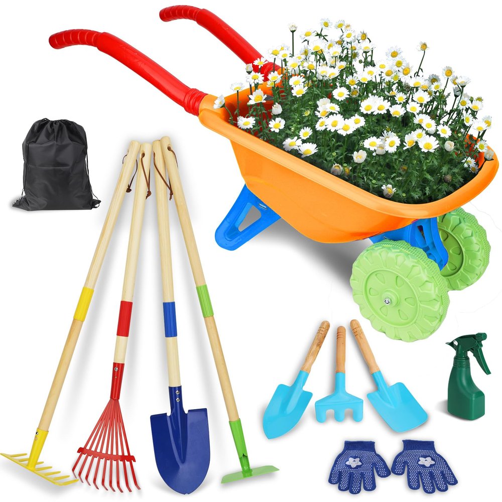 Demolike Kids Gardening Tools Set, Gardening Set for Kids, Outdoor Backyard Farm Digging Toys with Wheelbarrow Shovel, Rake, Trowel, Fork, Birthday Gifts for Boys Girls Age 3+