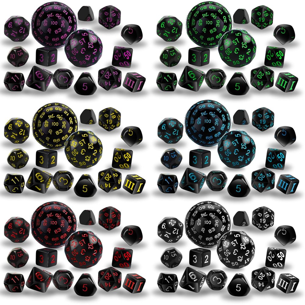 IvyFieldDice 6 Sets Complete Polyhedral Dice Set D3-D100 (15 pcs) for TRPG Tabletop Games (Black)