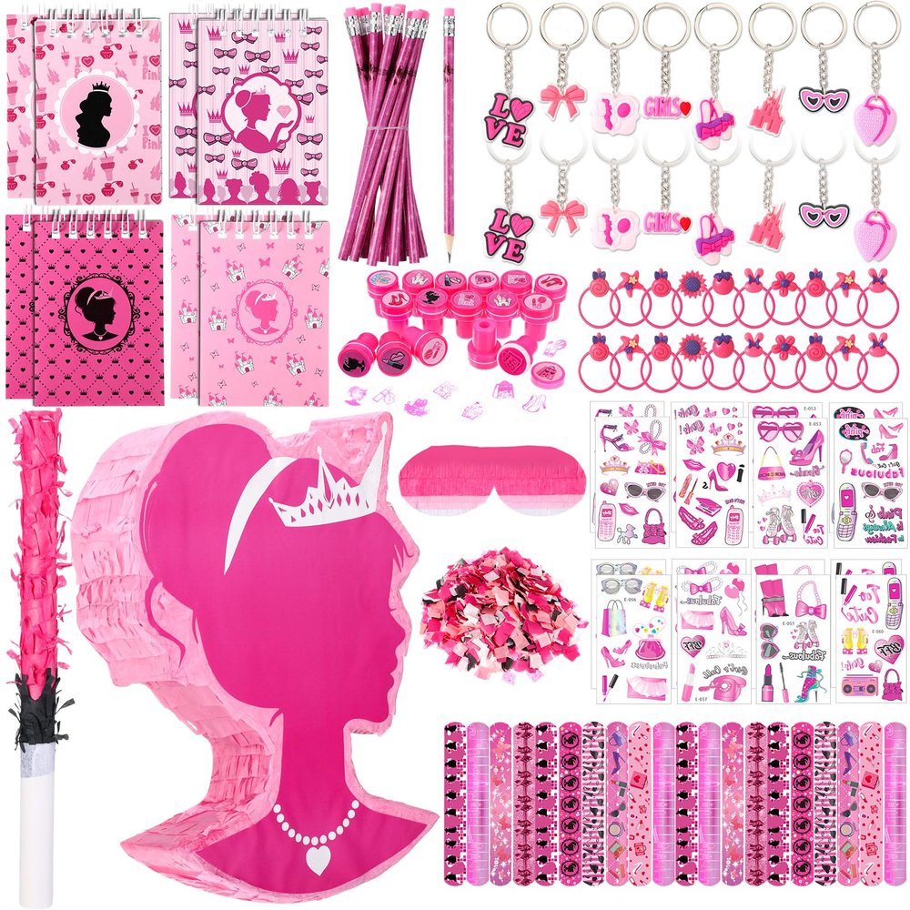 Spakon 113 Pcs Pink Piata Pink Birthday Party Supplies Piata Set 16 Mini Notebook 16 Pencil 16 Keychain 16 Silicone Bracelet 16 Hair Band 16 Sticker 16 Stamp Party Supplies Gifts